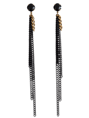 statement long black fringe chain  earrings dangling from jet black crystal stud posts