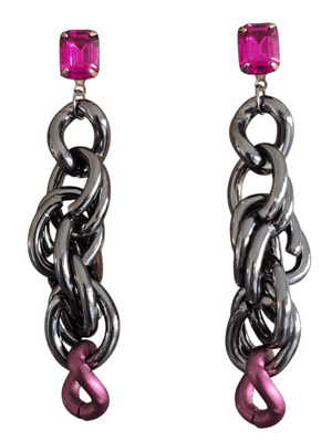 long statement chain rope earrings in gunemtal with fuchsia crystal stud post