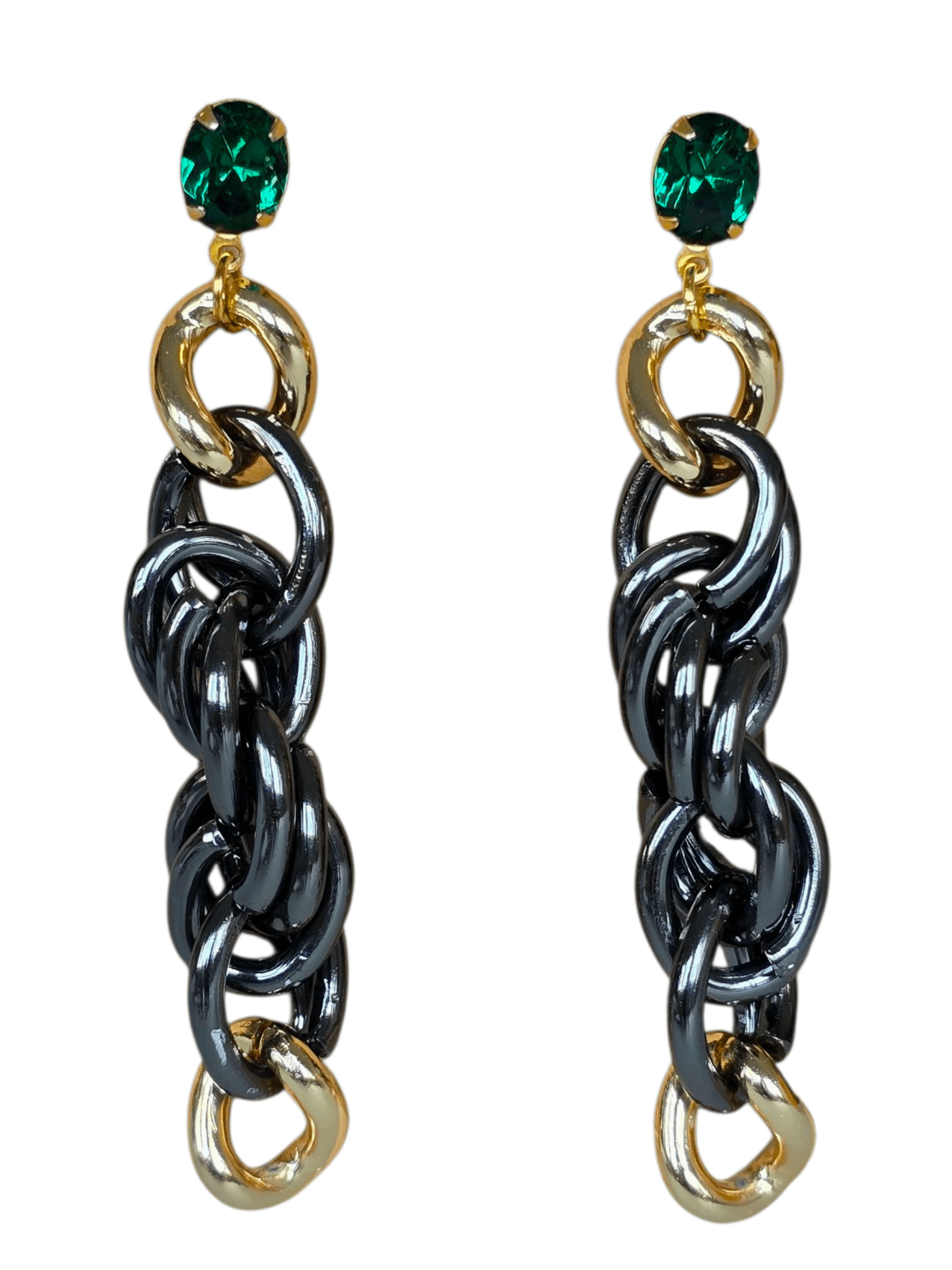 long statement earrings with green stud crystal and gunmetal rope chain with gold elements