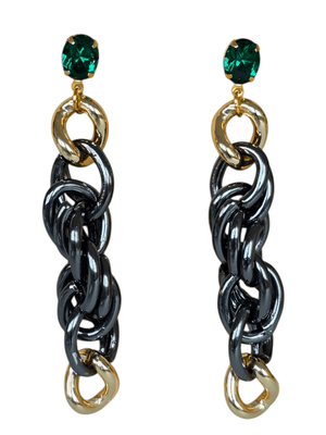 long statement earrings with green stud crystal and gunmetal rope chain with gold elements