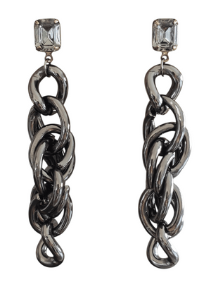 long chunky chain twisted earrings in gunmetal attached to a dark crystal stud post