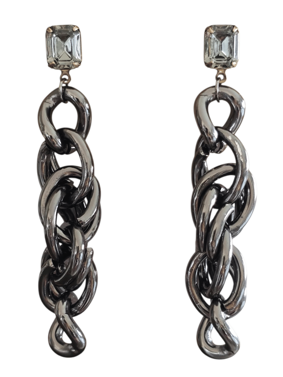 long chunky chain twisted earrings in gunmetal attached to a dark crystal stud post