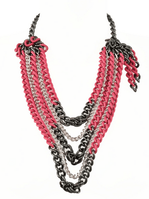statement multistrand chain necklace in coral pink and silver