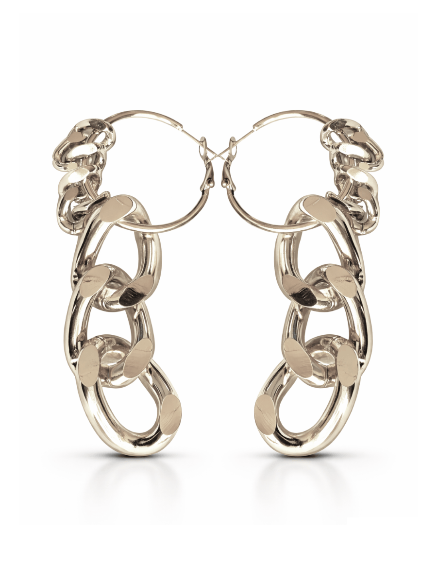 Pair of silver chain-link hoop earrings on a white background