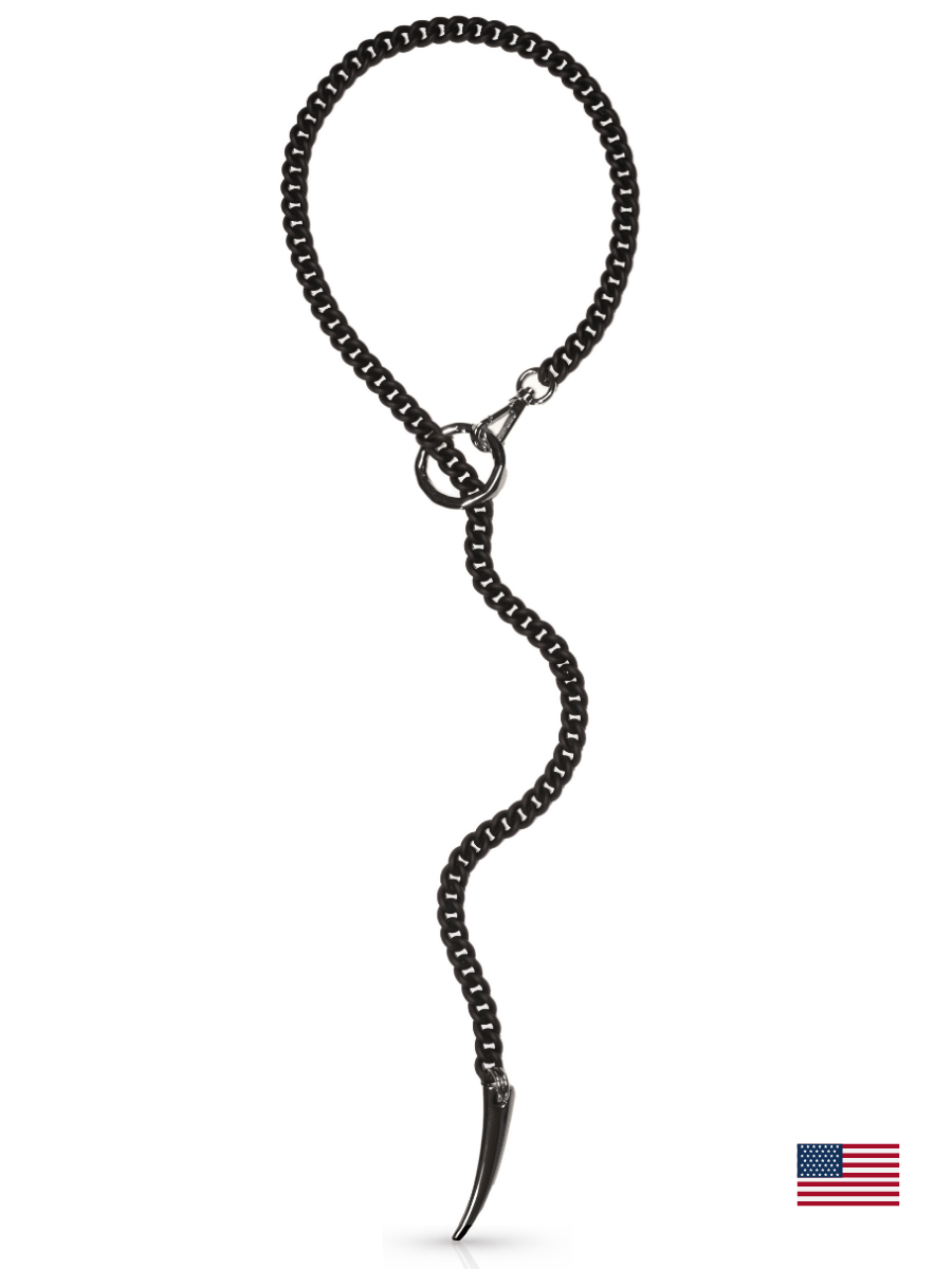 Black chain necklace with a unique design on a white background
