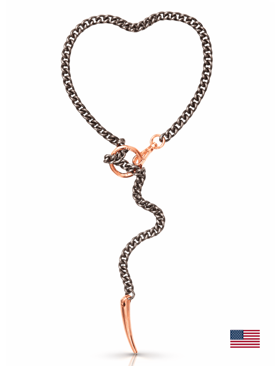 laryat chain necklace with rose gold clasp on a white background - us stock label