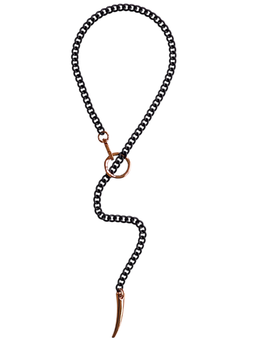 long black chain necklace with rose gold accents