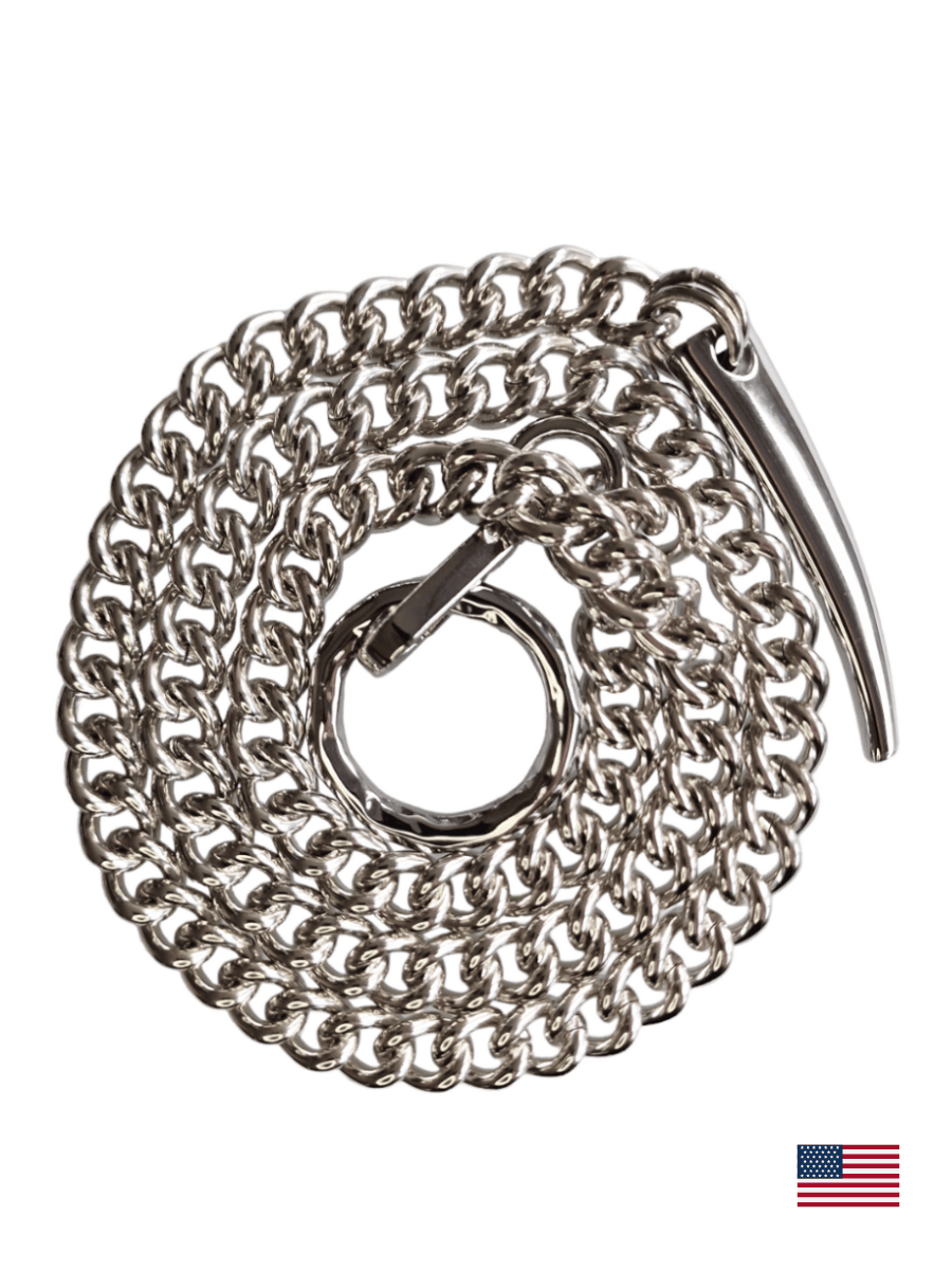 Silver chain necklace with a clasp on a white background, featuring usa flag