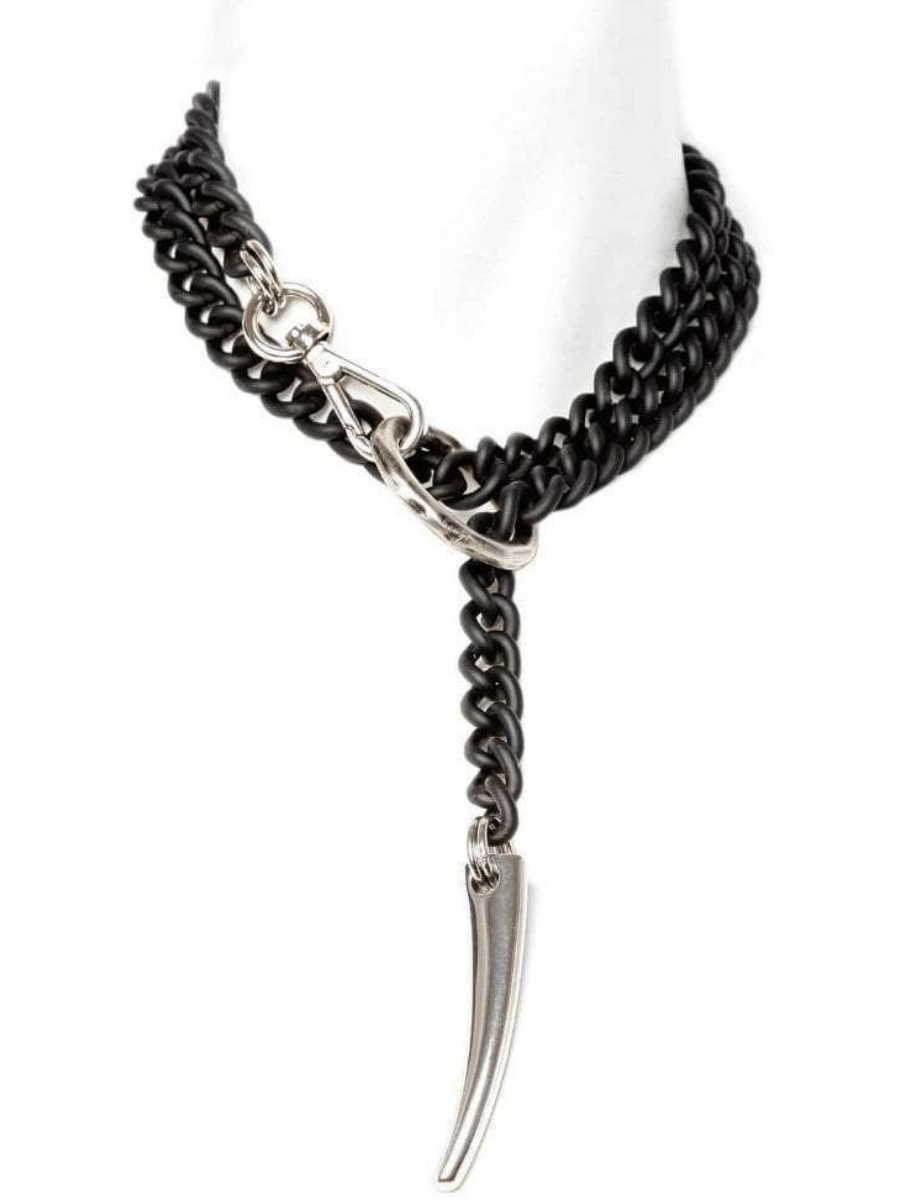 Black rubber chain necklace wrapping around twice