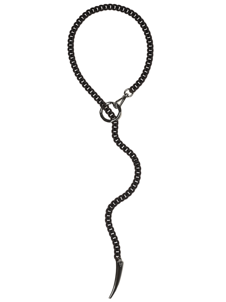 Black matte long chain necklace with gunmetal O ring and spike pendant at the bottom