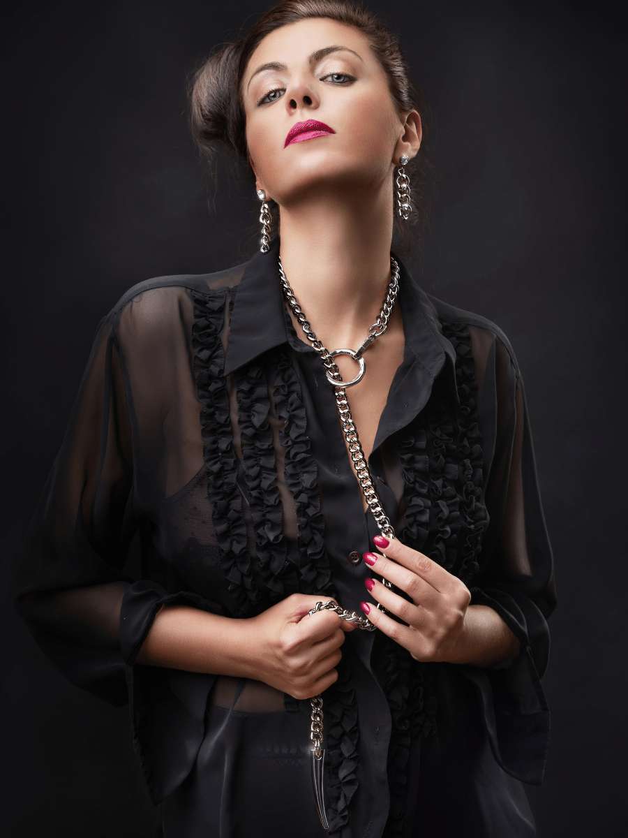 Gothic Long chain necklace on lady wearing all black