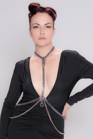 frozen titanium silver deep V  body chain necklace avantgarde