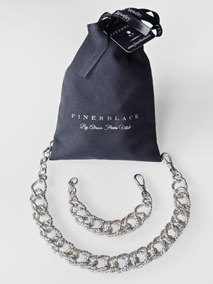 Set of silver chain necklaces on a white background with 'FinerBlack' jewelry pouch.