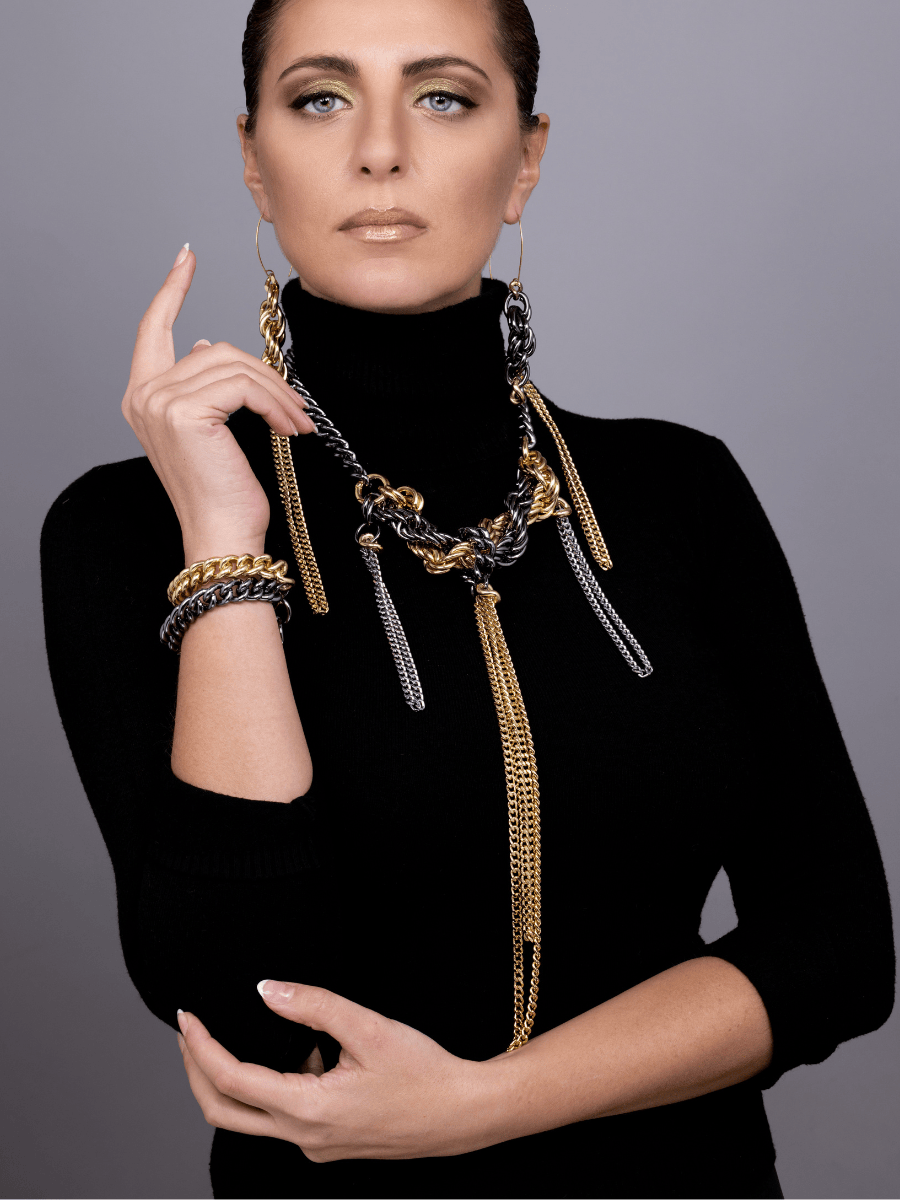 long statement fringe necklace multi toned on woman