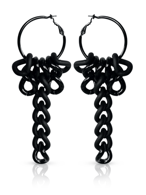 Black long chain-link hoop earrings on a white background