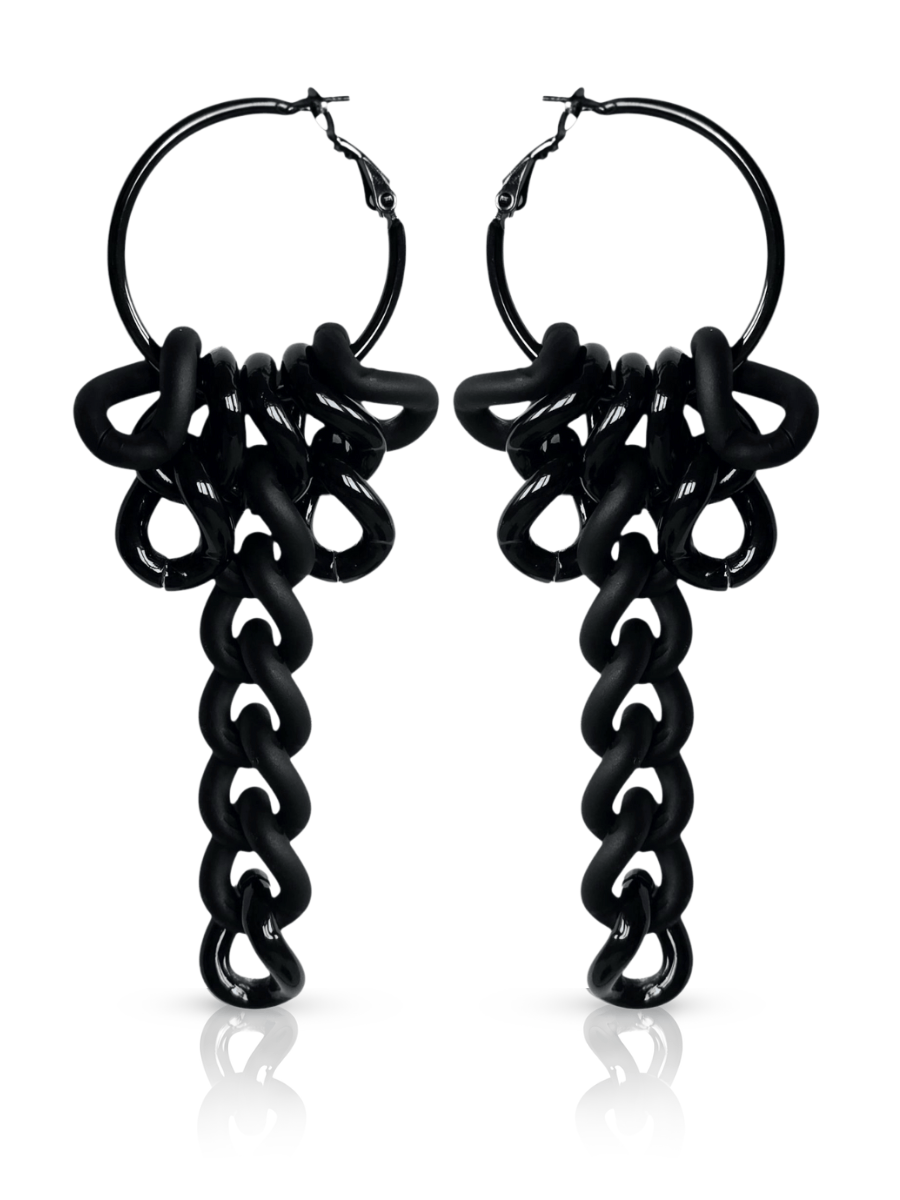 Black long chain-link hoop earrings on a white background