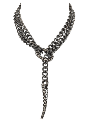 long tribal chain necklace in gunmetal with hammered horn