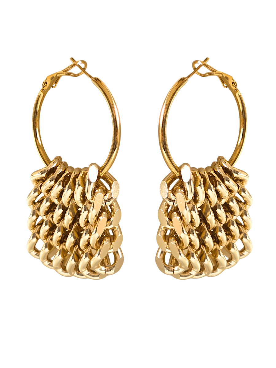 gold hoop fringe chain earrings