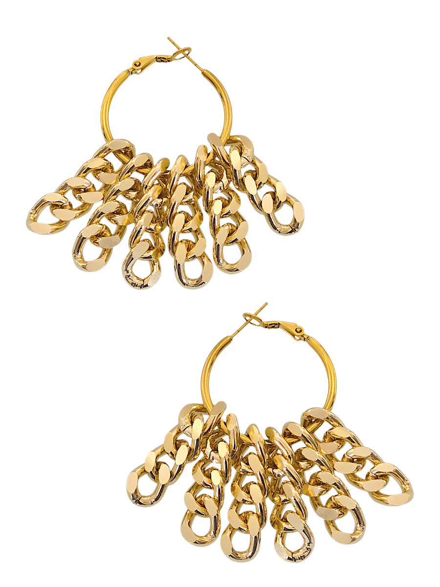 Gold chain hoop earrings on a white background