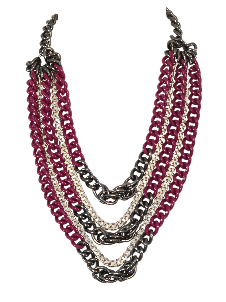 Multistrand necklace with aubergine and silver gunmetal chains on a white background