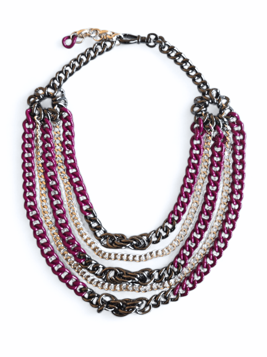 Multistrand chain necklace with purple, gunmetal, and silver links on a white background