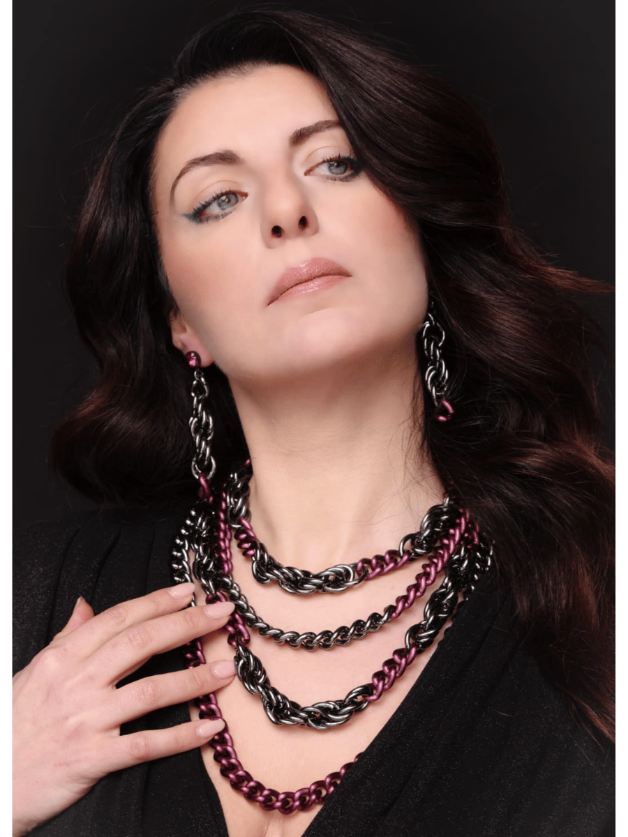 elegant gothic multistrand necklace in lilac and gunmetal on model