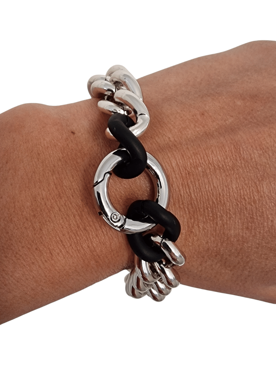 silver statement chain bracelet on wrist