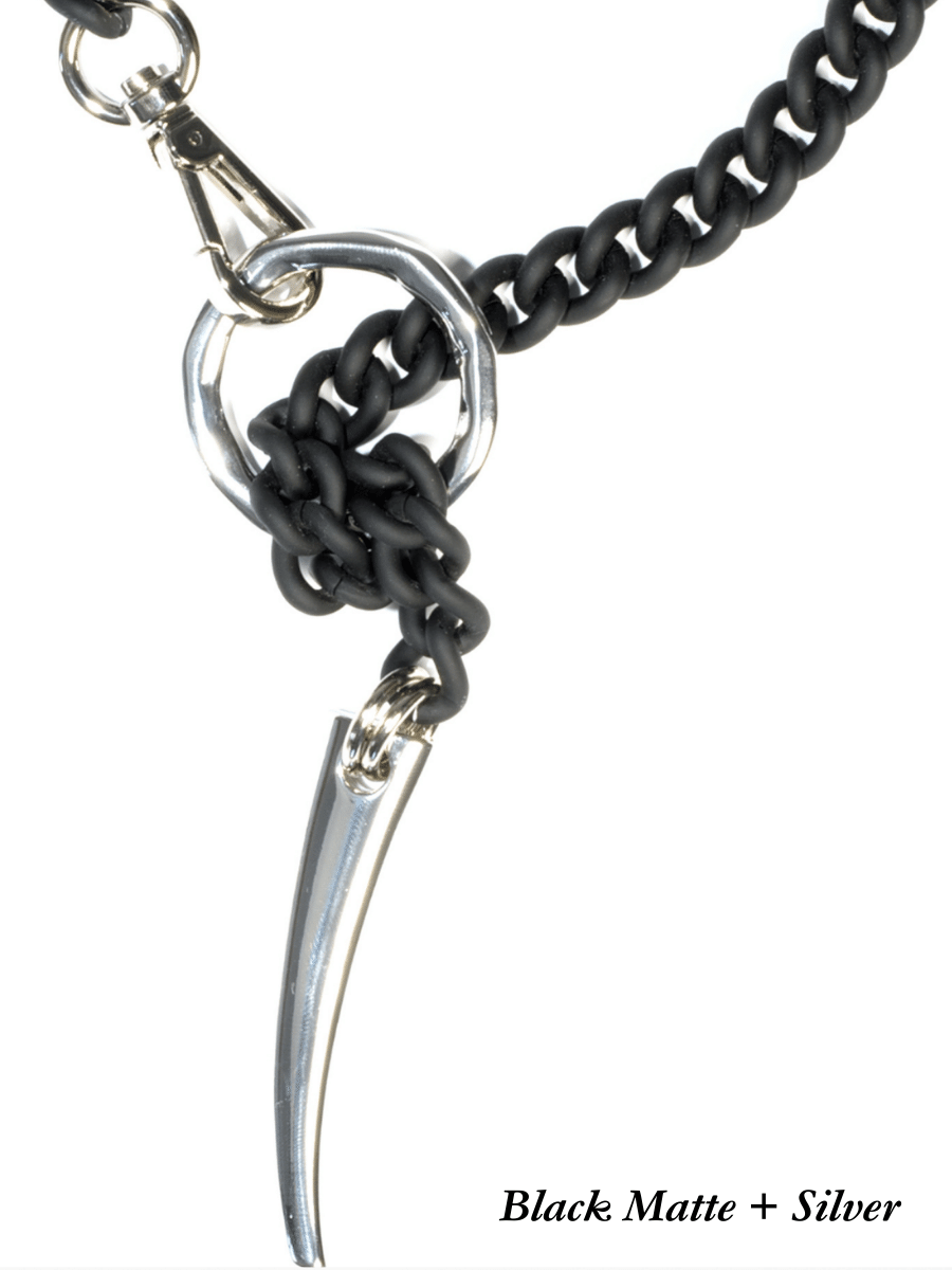 Detail of black and silver necklace with O ring and claw pendant