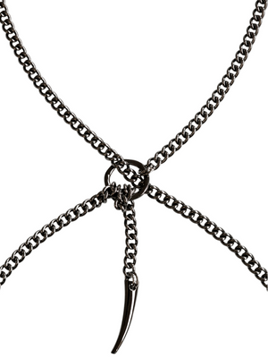 Black metallic body chain necklace with a pendant on a white background