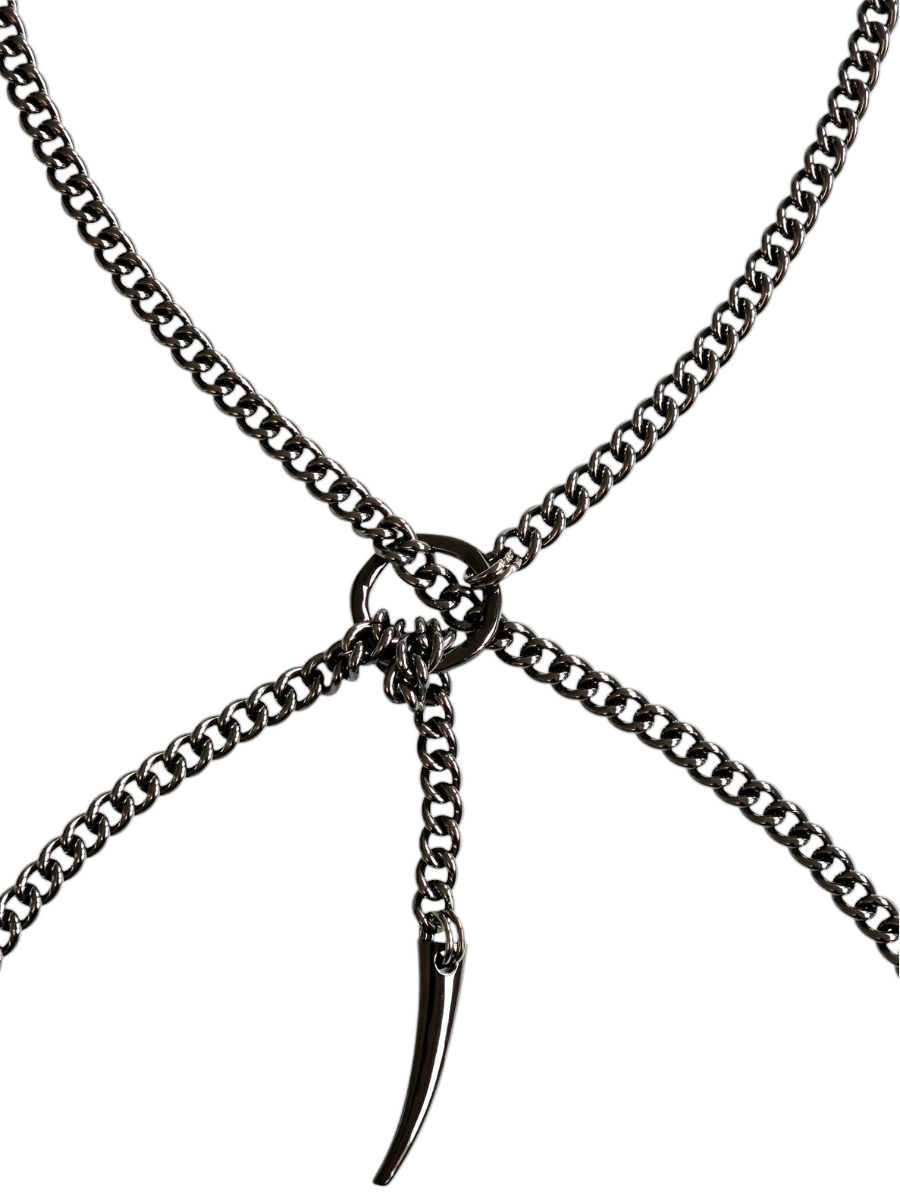 Black metallic body chain necklace with a pendant on a white background