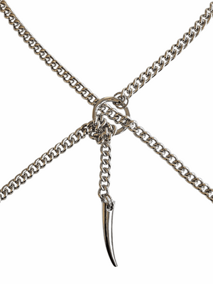 Silver chain necklace with a unique pendant on a white background
