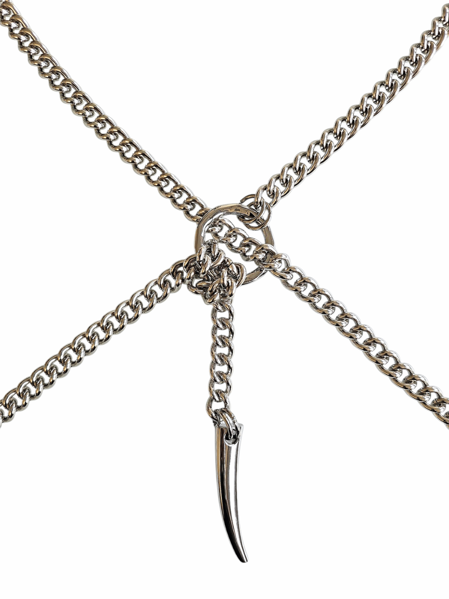 Silver chain necklace with a unique pendant on a white background