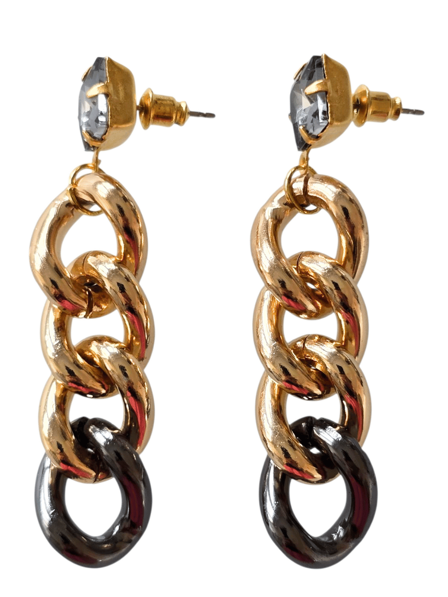 gold and gunmetal crystal stud long chain earrings