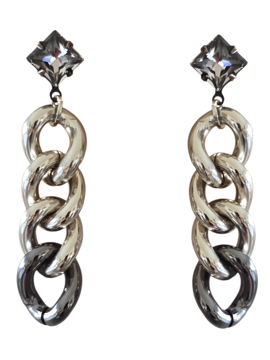 statement silver chain link earrings with crystal stud posts
