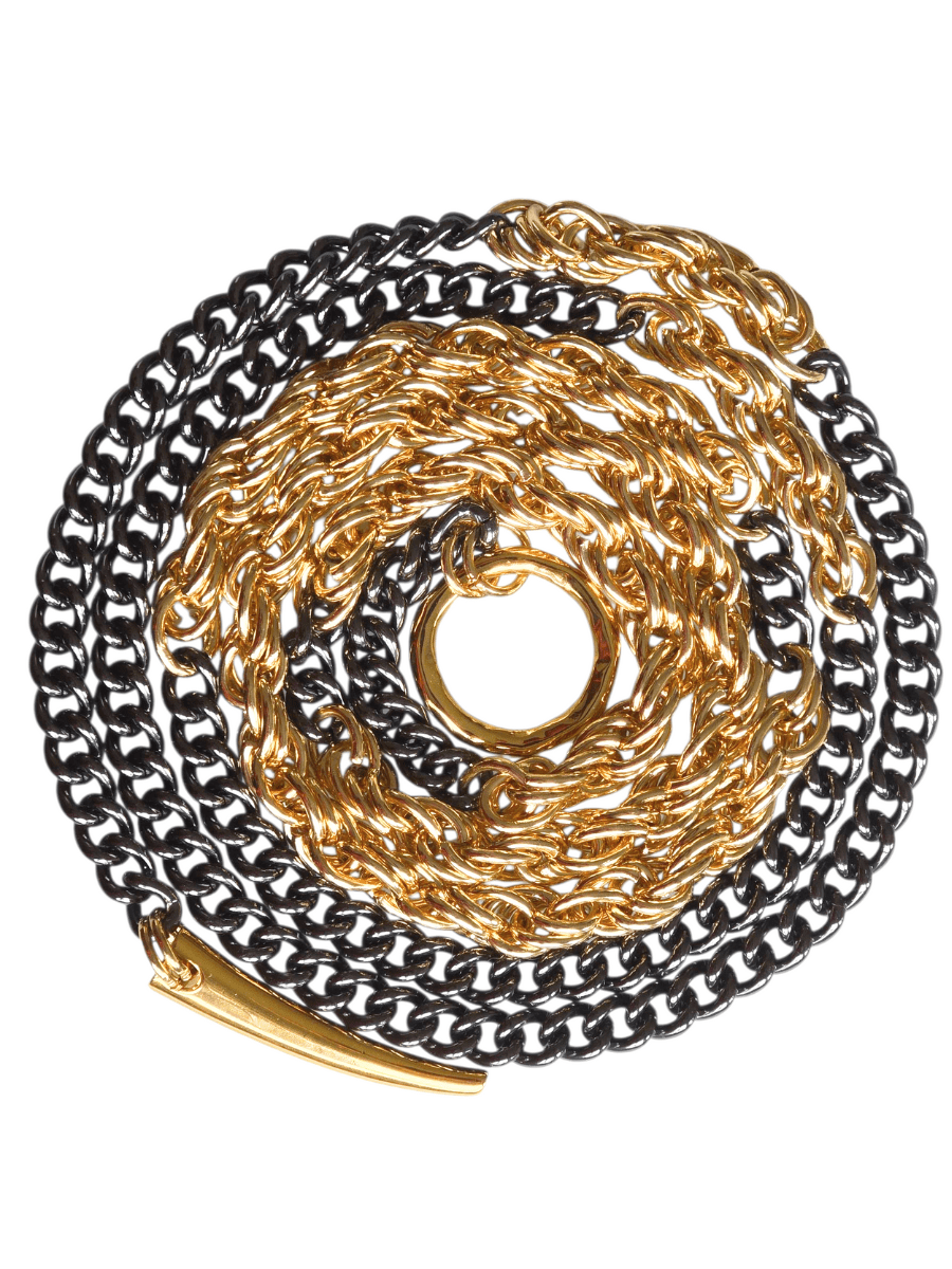 Gold and black chain belt buckle on a white background