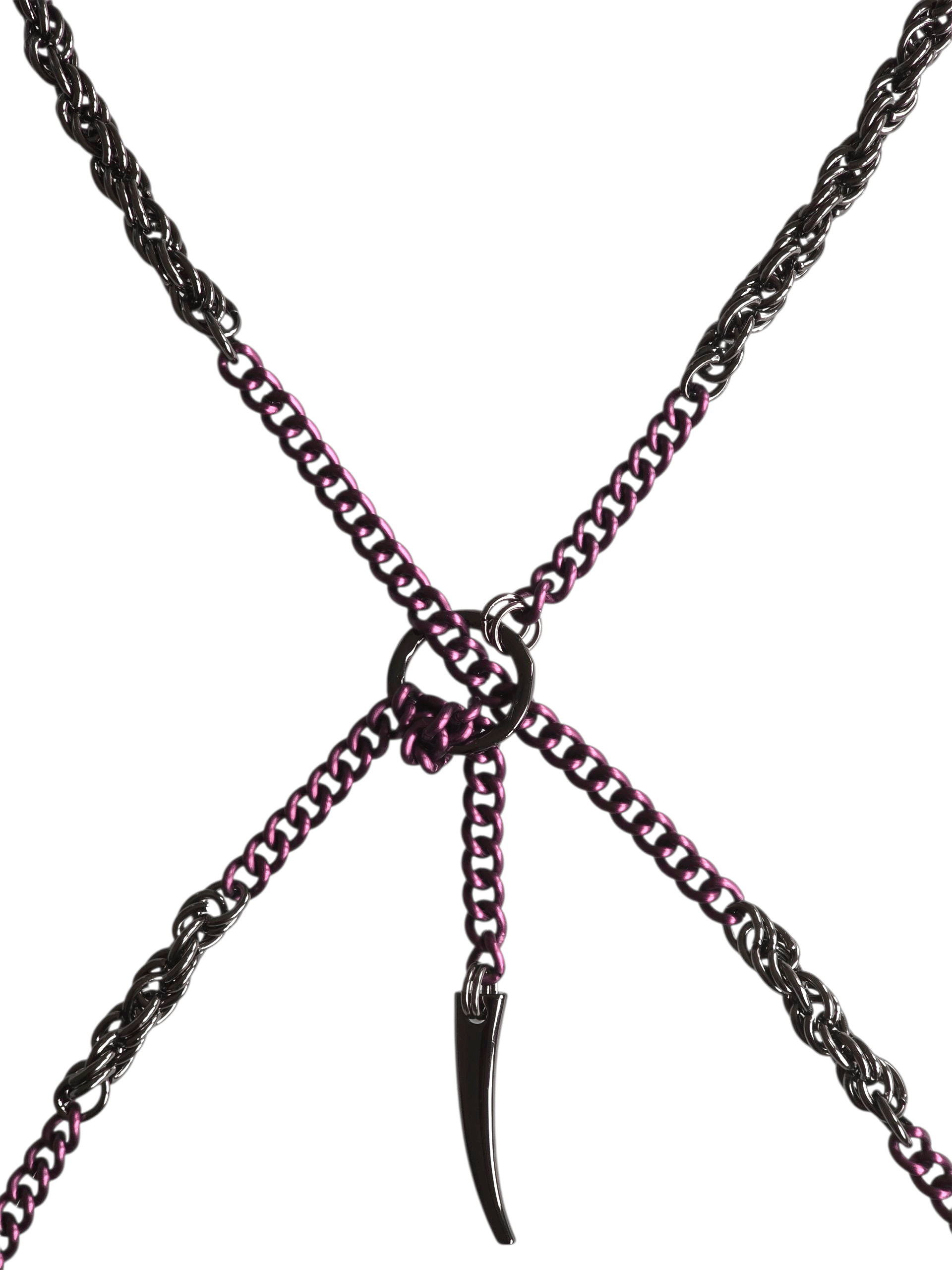 Necklace with pink and black chain and a small pendant on a white background
