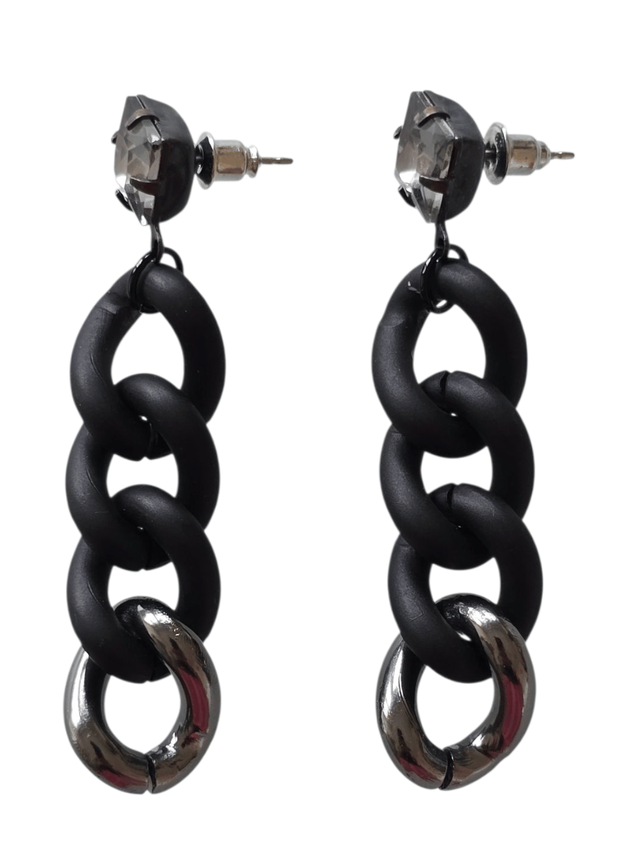 long black dangle chain earrings attached to crystal posts