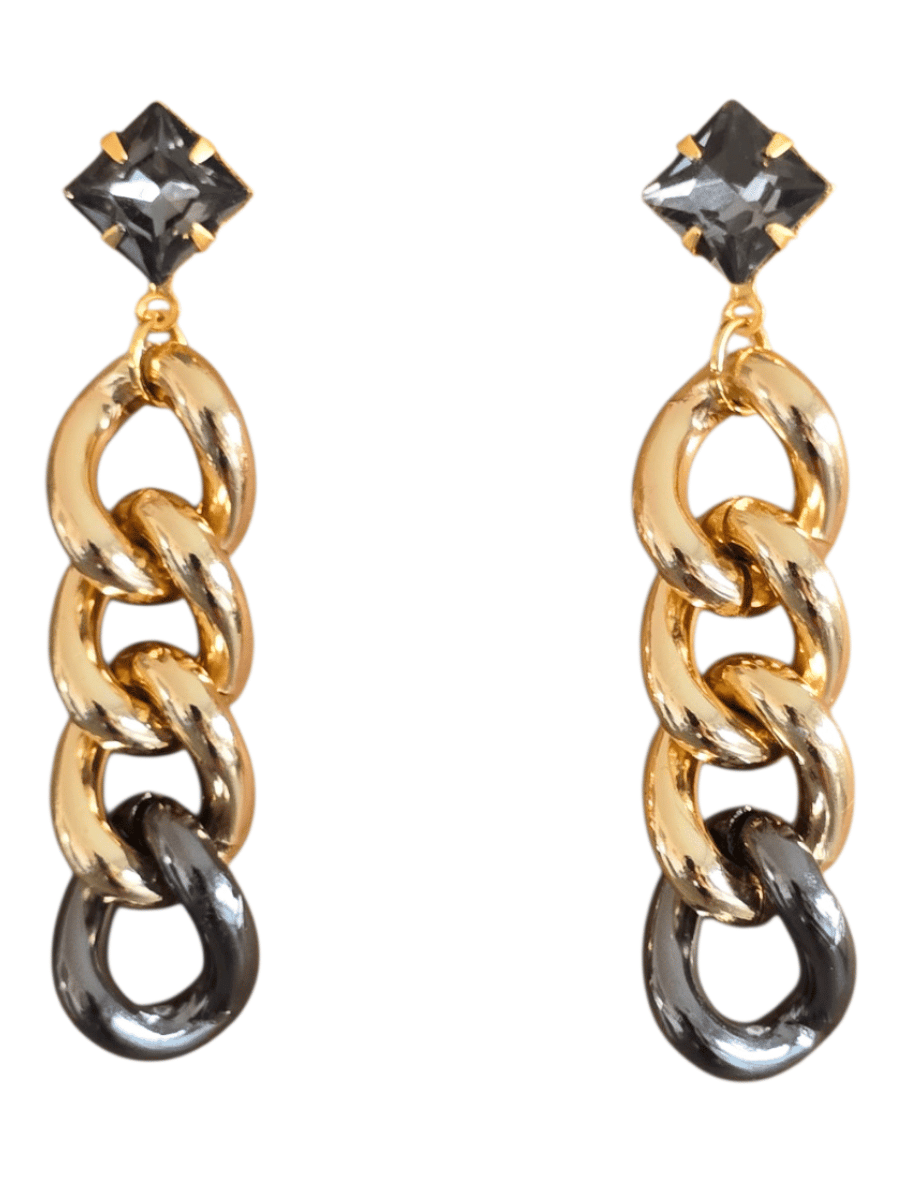 gold statement chain earrings with crystal stud posts