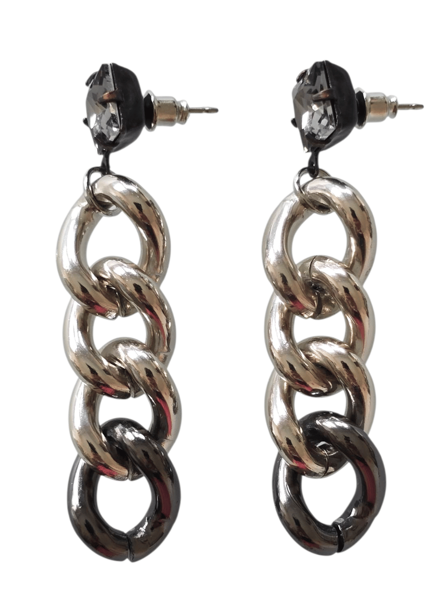 statement chain stud earrings in silver and gunmetal