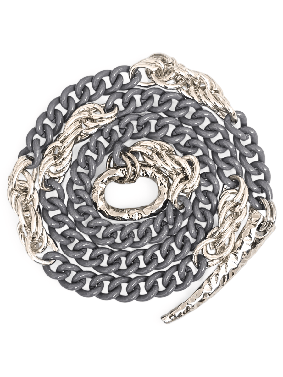 long open chain silver grey necklace with Oval ring and spike pendant