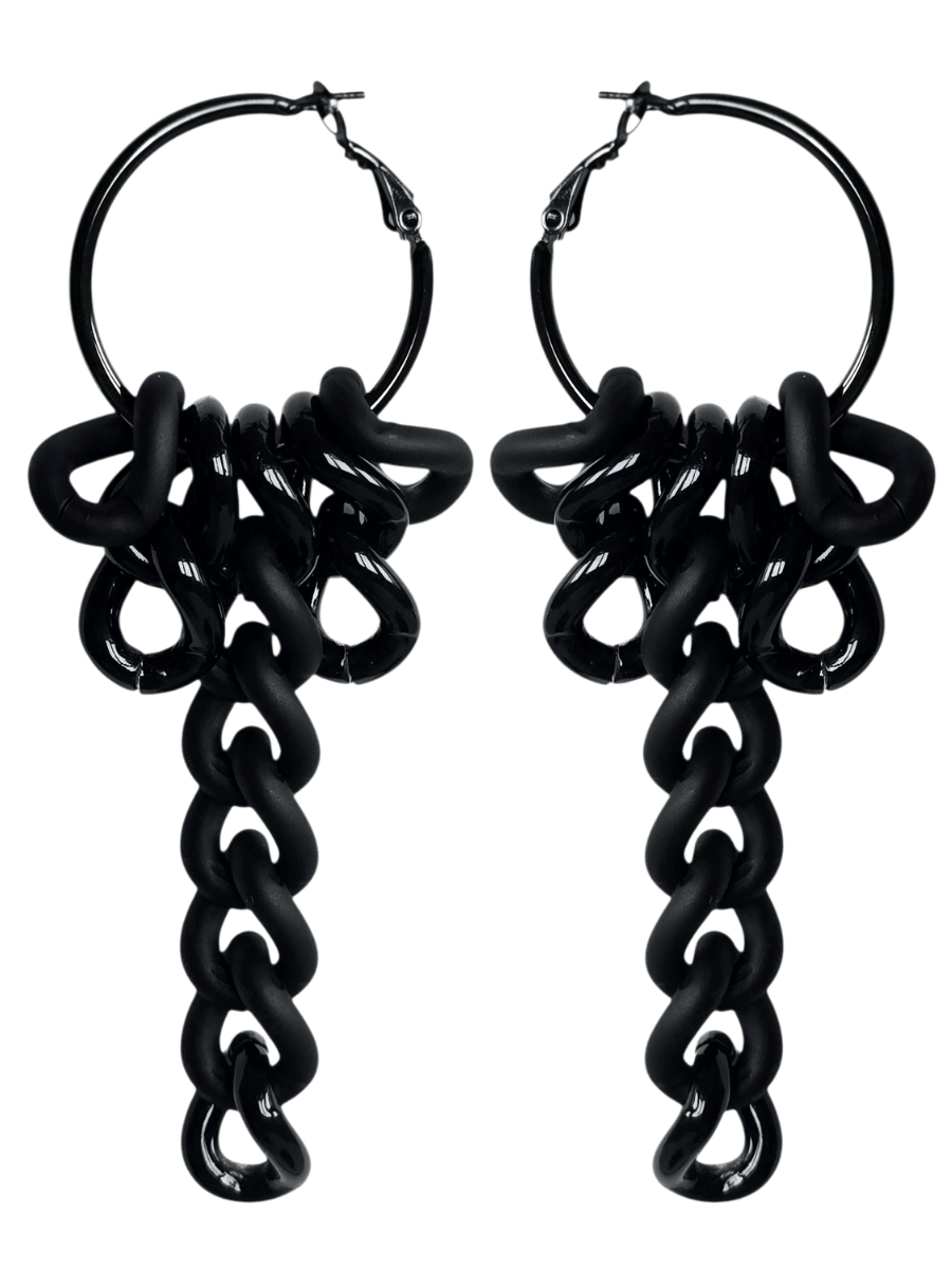 Black hoop earrings with chain-like dangling elements on a white background