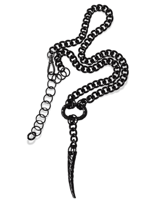 black avantgarde chain belt with O ring and pendant horn on white background