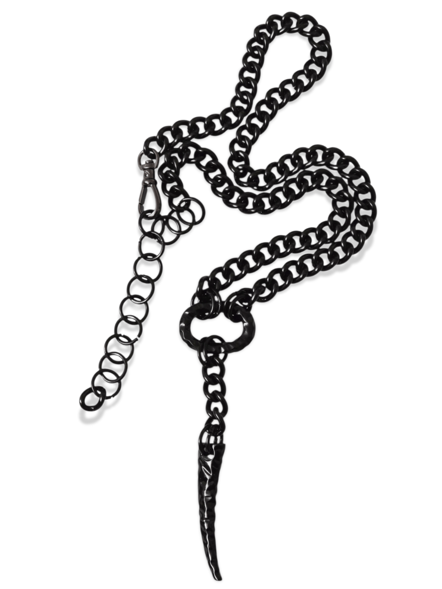 black avantgarde chain belt with O ring and pendant horn on white background