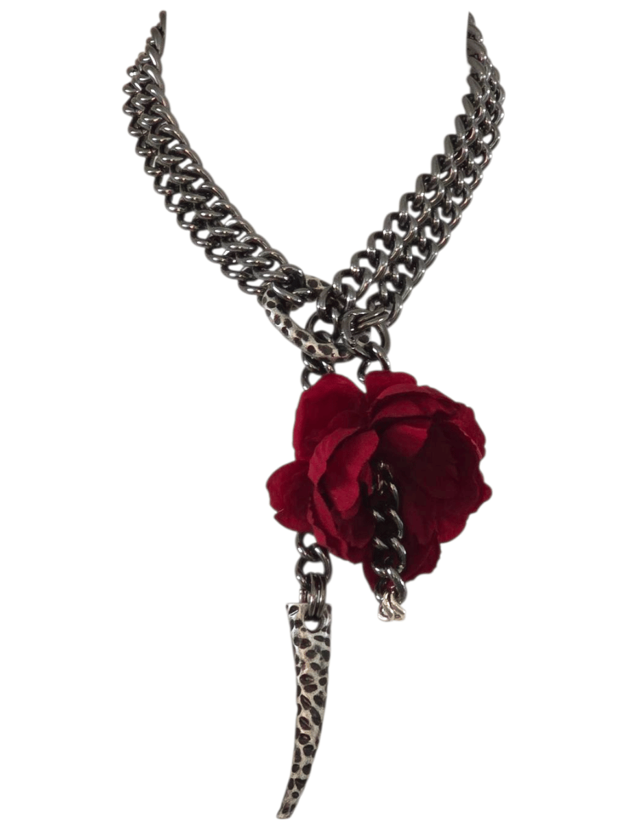 avant-garde red flower chain necklace with hammered spike