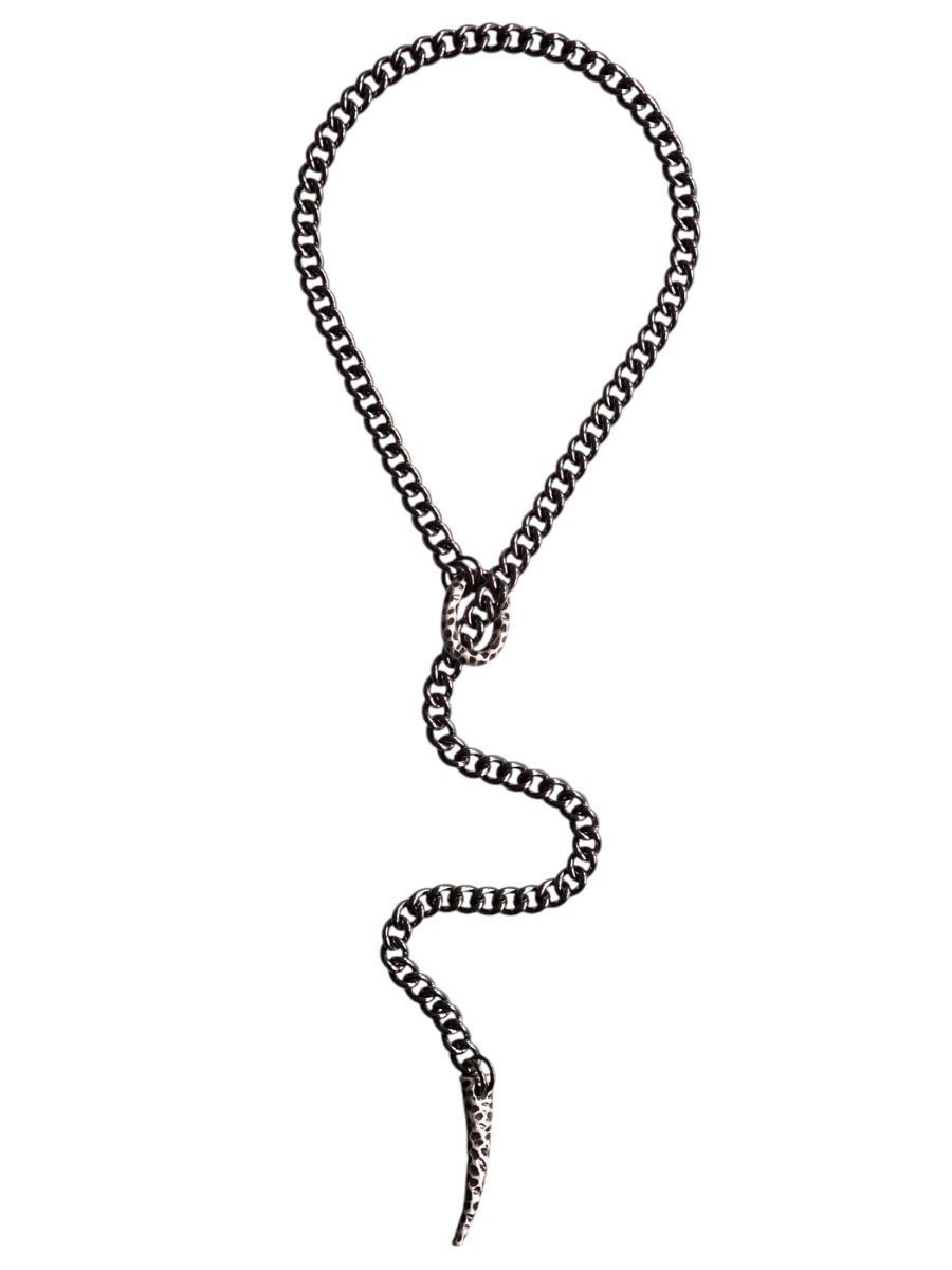 long post apocalyptic chain necklace with leopard spotted horn and ring