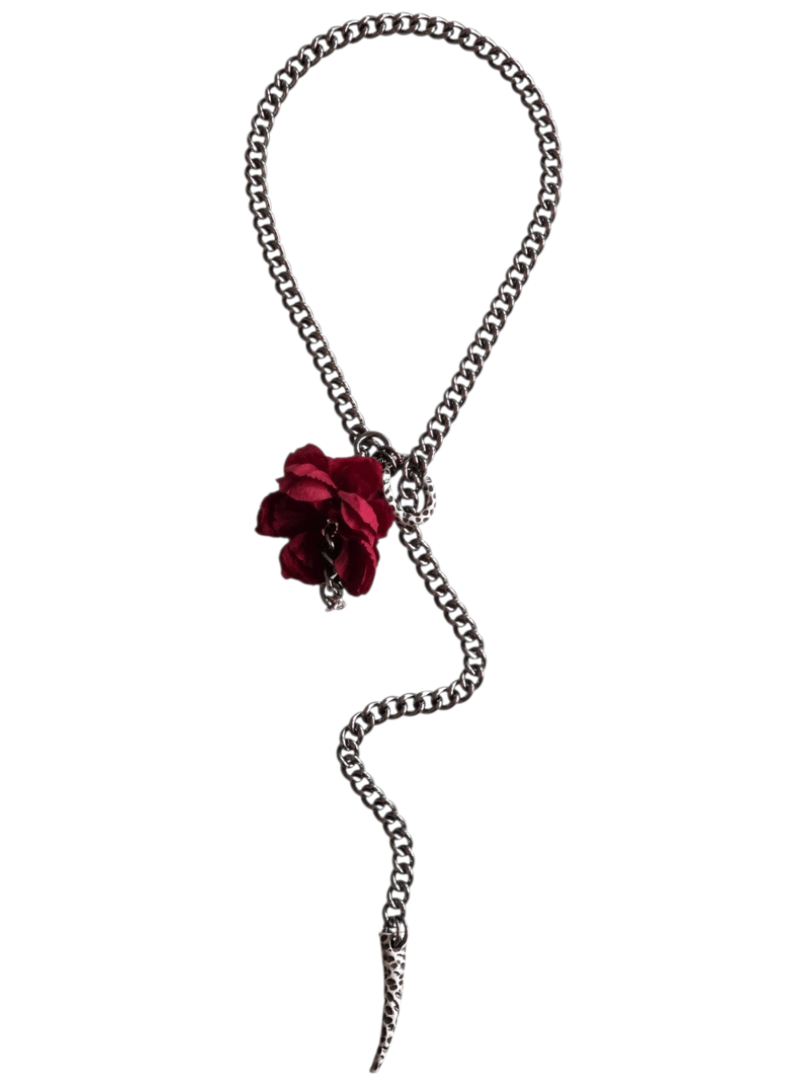 long Y chain tribal necklace with red flower