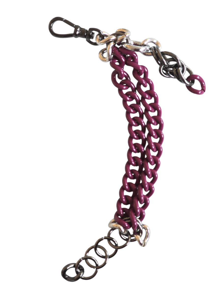 Purple chain bracelet with metal clasp on a white background