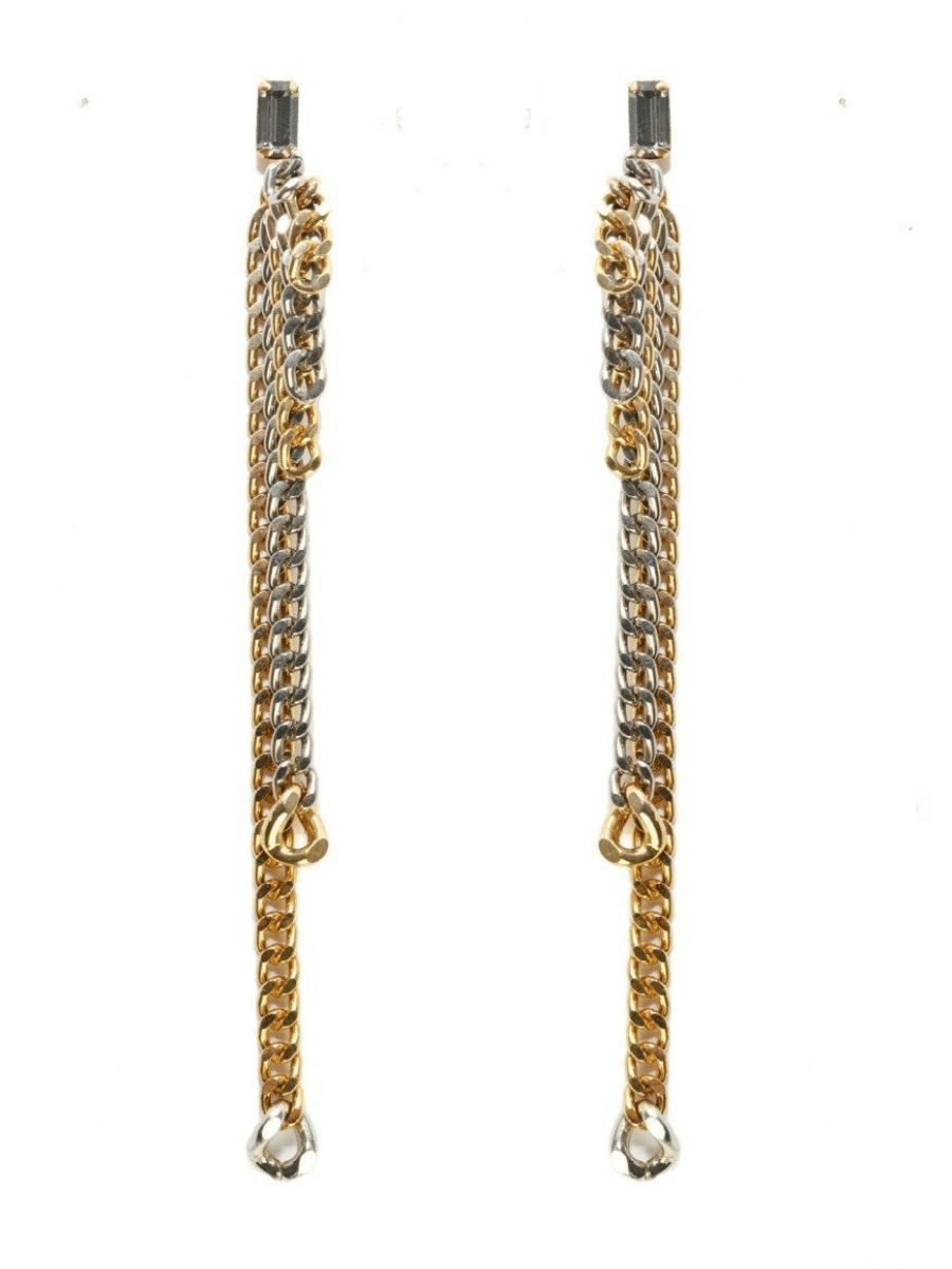long statement fringe earrings in gold and silver chains