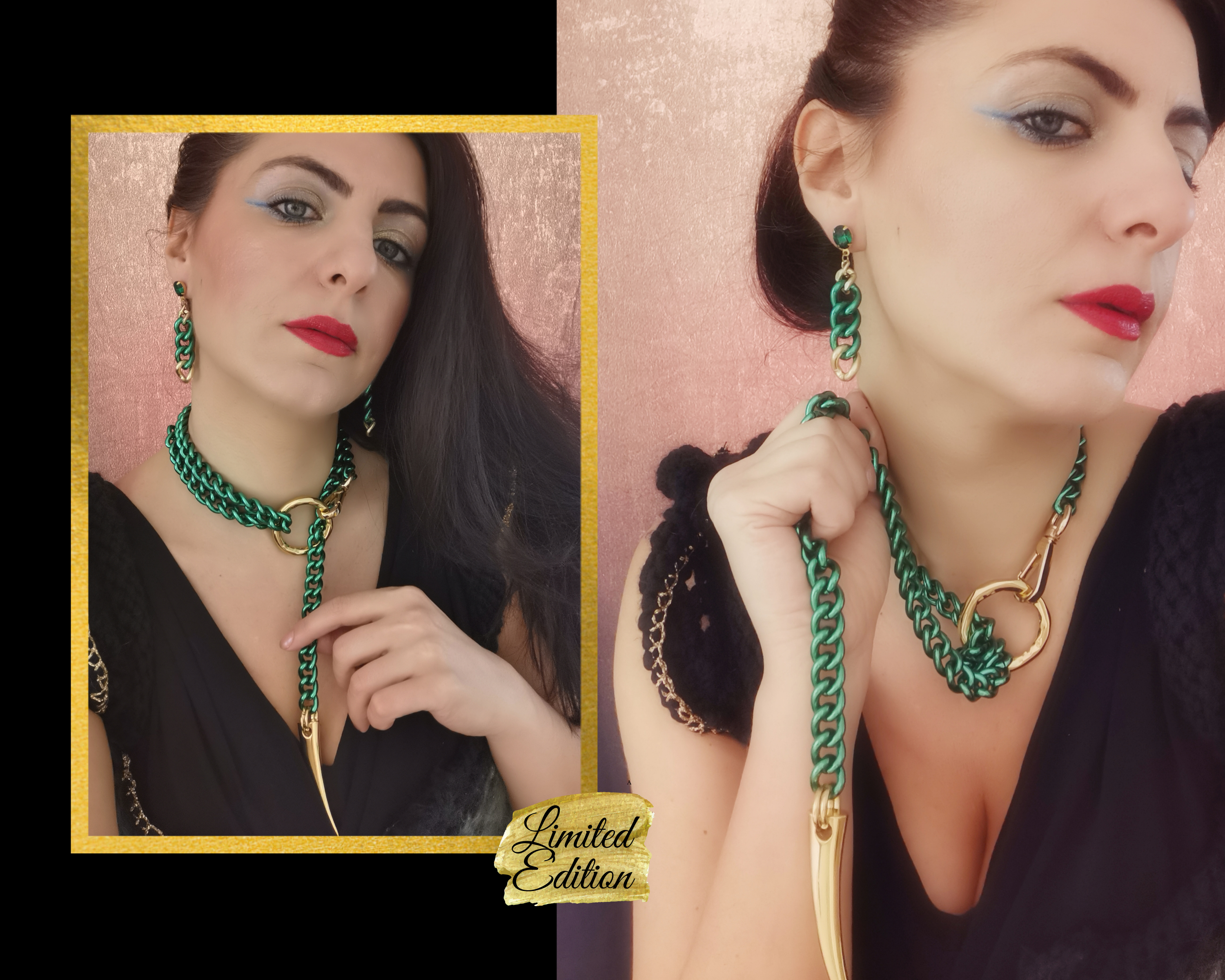 statement chain necklace and earrings green and gold