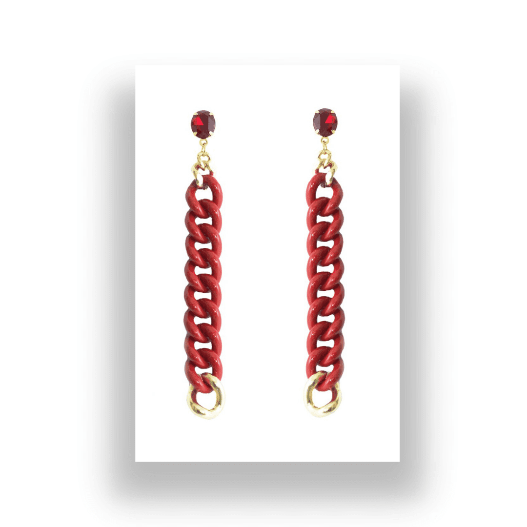 statement red long chain earrings with Swarovski stud